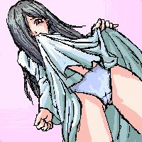 yamamura sadako, the ring, lowres, 1girl, black hair, blue panties, blush, brown eyes, clothes lift, dress, dress lift, female focus, hair over one eye, legs, long hair, panties, pantyshot, solo, thighs, underwear