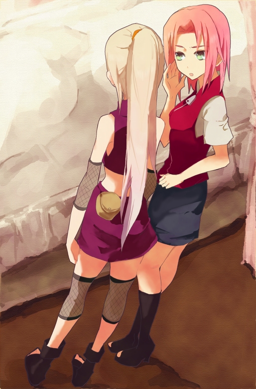 yokige, haruno sakura, yamanaka ino, naruto (classic), naruto (series), naruto shippuuden, 2girls, bare shoulders, blonde hair, blue skirt, boots, breasts, female focus, fishnets, from behind, full body, green eyes, hair tie, hand up, long hair, midriff, miniskirt, multiple girls, open mouth, pencil skirt, pink hair, ponytail, shoes, short hair, short sleeves, skirt, standing, toeless legwear, toes