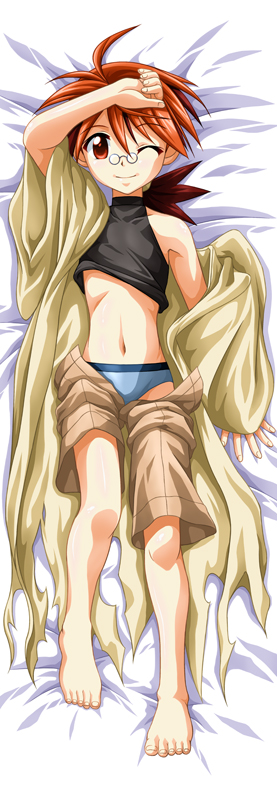 majin go!, negi springfield, mahou sensei negima!, long image, tall image, 00s, 1boy, androgynous, barefoot, blue male underwear, briefs, brown eyes, brown hair, dakimakura (medium), glasses, long hair, lying, male focus, male underwear, one eye closed, robe, shota, solo, underwear, unzipped, wink