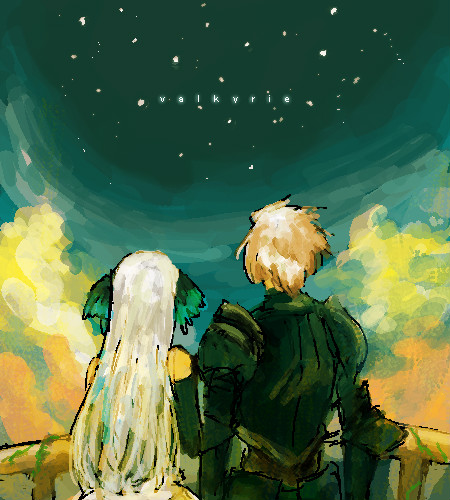 gwendolyn (odin sphere), odin, oswald, odin sphere, silver hair, artist request, lowres, 1boy, 1girl, armor, blonde hair, couple, dress, elbow gloves, gloves, head wings, hetero, long hair, night, orb, star (symbol), wings