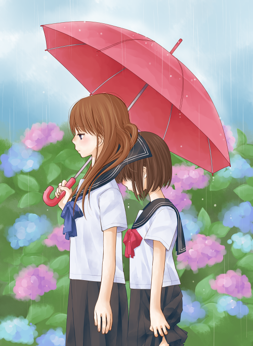 chitose kiiro, 2girls, brown hair, flower, holding, holding umbrella, hydrangea, multiple girls, profile, rain, school uniform, serafuku, umbrella