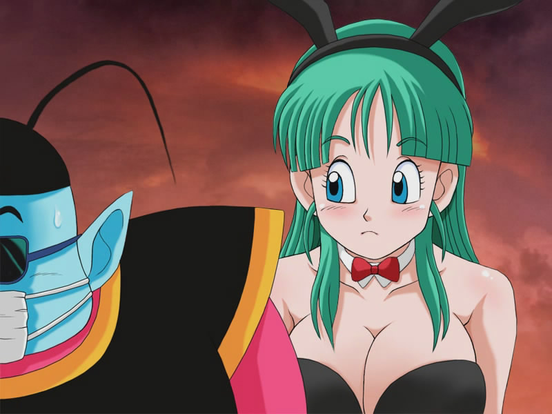 bulma, north kaiou, dragon ball, dragonball z, 1boy, 1girl, animal ears, antennae, aqua hair, arm at side, bare arms, bare shoulders, black leotard, blue eyes, blue skin, blush, bow, bowtie, breasts, chinese clothes, cleavage, closed mouth, collarbone, colored skin, confused, detached collar, fake animal ears, large breasts, leotard, long hair, looking at another, out of frame, playboy bunny, pointy ears, rabbit ears, red bow, strapless, sunglasses, sweatdrop, upper body