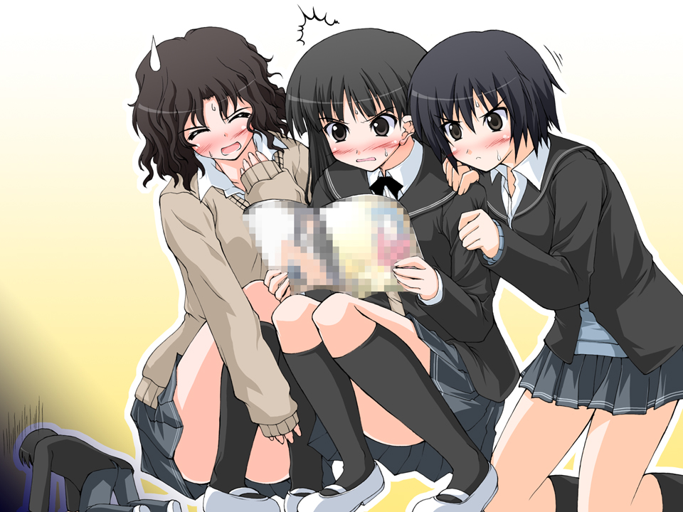 akimoto dai, ayatsuji tsukasa, nanasaki ai, tanamachi kaoru, amagami, 1boy, 3girls, black socks, blouse, blush, cardigan, censored, embarrassed, fake censor, gradient background, kneehighs, kneeling, long hair, mary janes, miniskirt, mosaic censoring, multiple girls, pleated skirt, pornography, prostration, ribbon, school uniform, shirt, shoes, short hair, simple background, skirt, socks, squatting, surprised, sweat, sweater, viewing pornography, wavy hair