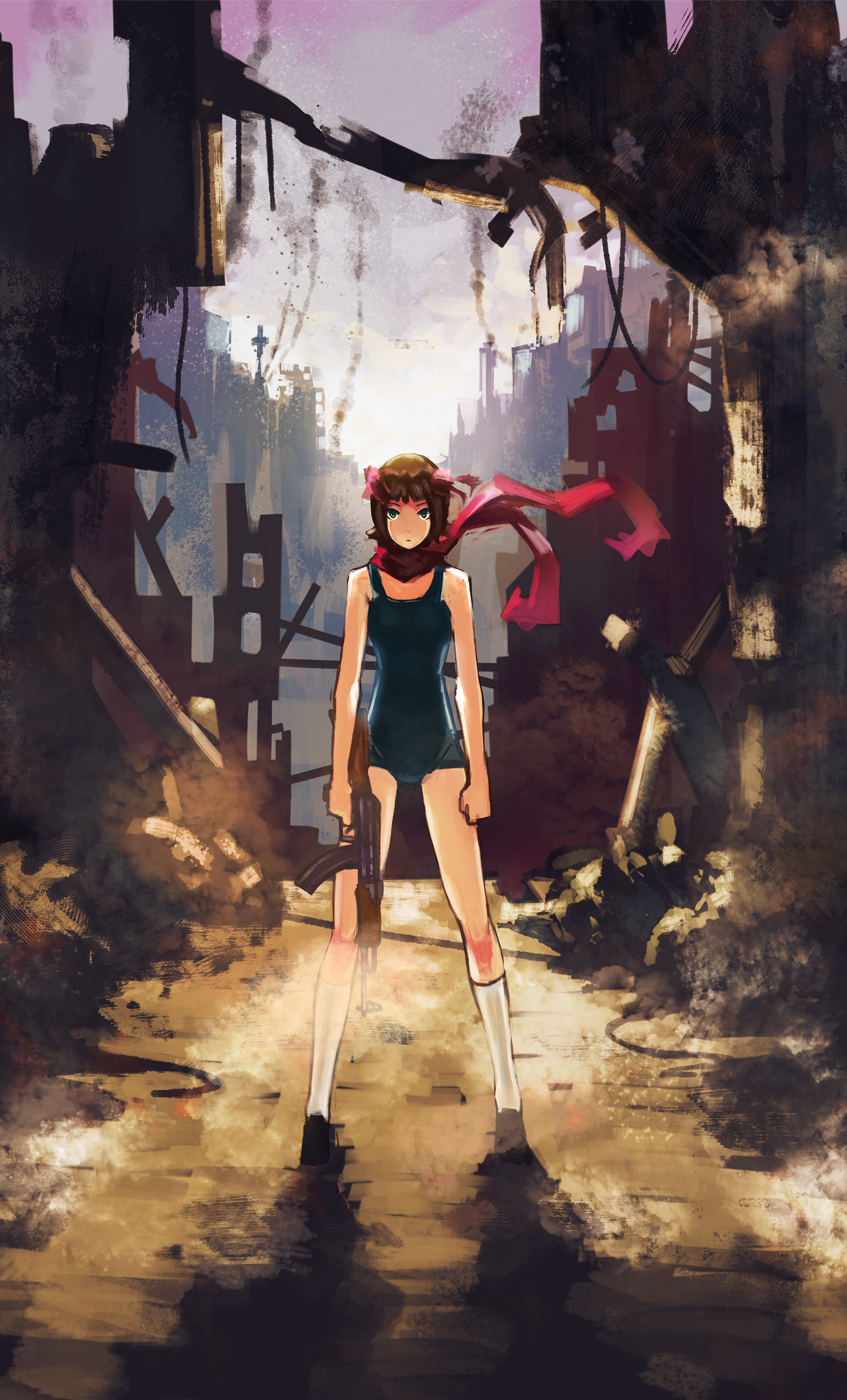 ekao, amami haruka, idolmaster, idolmaster (classic), bad id, bad pixiv id, highres, 00s, 1girl, ak-47, assault rifle, bare shoulders, bow, brown hair, destruction, female focus, green eyes, gun, hair bow, kalashnikov rifle, kneehighs, one-piece swimsuit, red scarf, rifle, rubble, ruins, scarf, school swimsuit, short hair, smoke, socks, solo, swimsuit, weapon, white socks