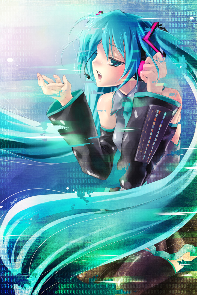 nekou izuru, hatsune miku, hatsune miku no shoushitsu (vocaloid), vocaloid, bad id, bad pixiv id, highres, 1girl, aqua eyes, aqua hair, bare shoulders, binary, black thighhighs, detached sleeves, digital dissolve, female focus, headset, kneeling, long hair, signature, solo, tears, thighhighs, very long hair