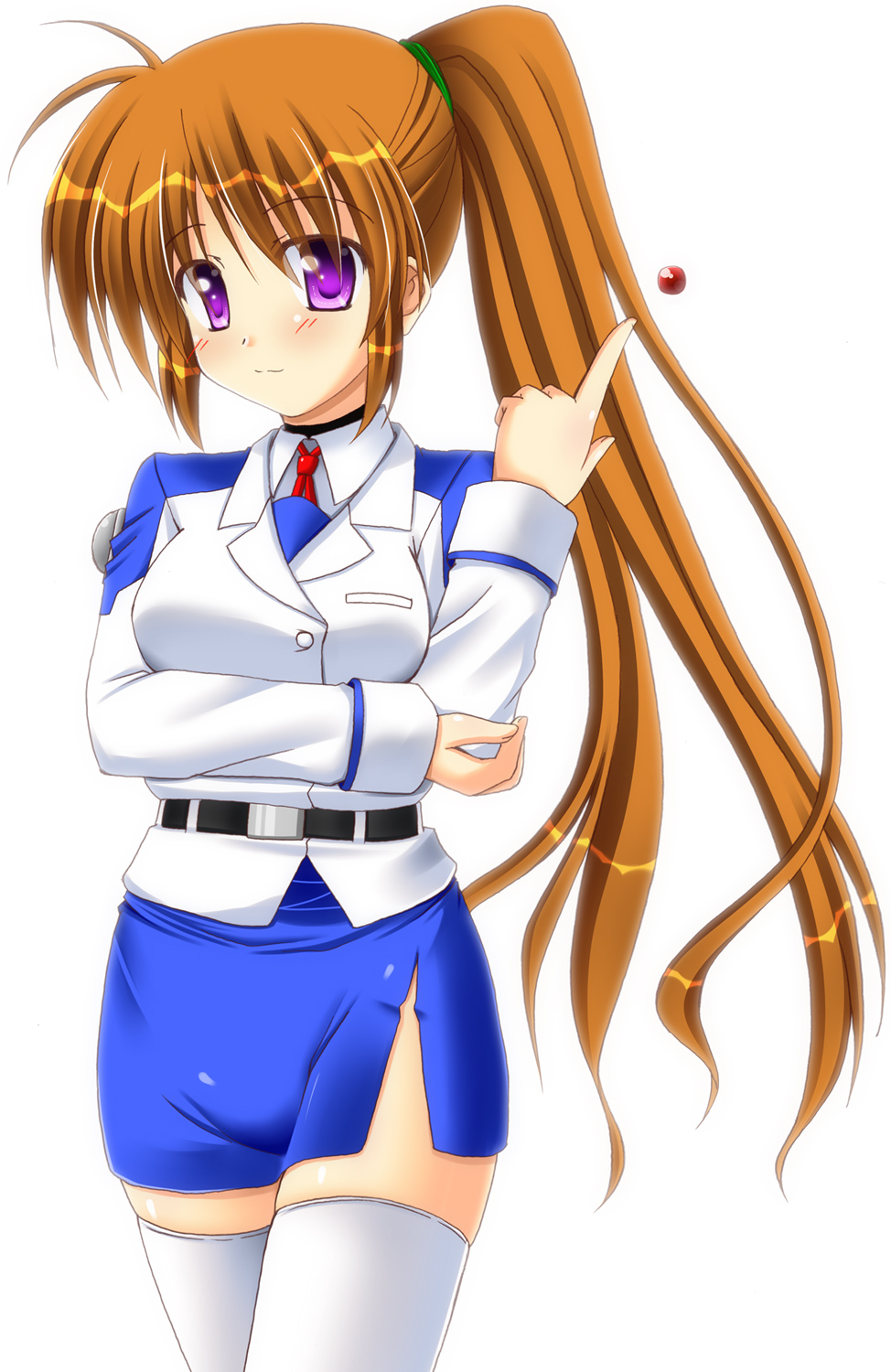 lask, raising heart, raising heart (standby mode), takamachi nanoha, lyrical nanoha, mahou shoujo lyrical nanoha, mahou shoujo lyrical nanoha strikers, highres, 00s, 1girl, brown hair, female focus, long hair, military, military uniform, pencil skirt, purple eyes, red hair, side ponytail, side slit, skirt, solo, thighhighs, zettai ryouiki
