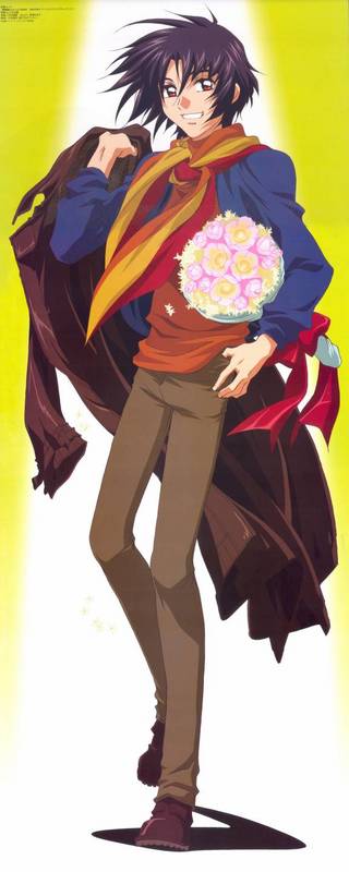 shinn asuka, gundam, gundam seed, gundam seed destiny, official art, 00s, black hair, flower, male focus, pants, red eyes, scarf, smile, solo