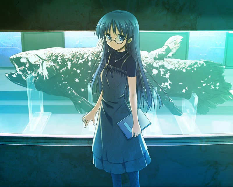 ryoumoto ken, original, bad id, bad pixiv id, blue eyes, blue hair, coelacanth, dress, fish, glasses, long hair, pantyhose, solo