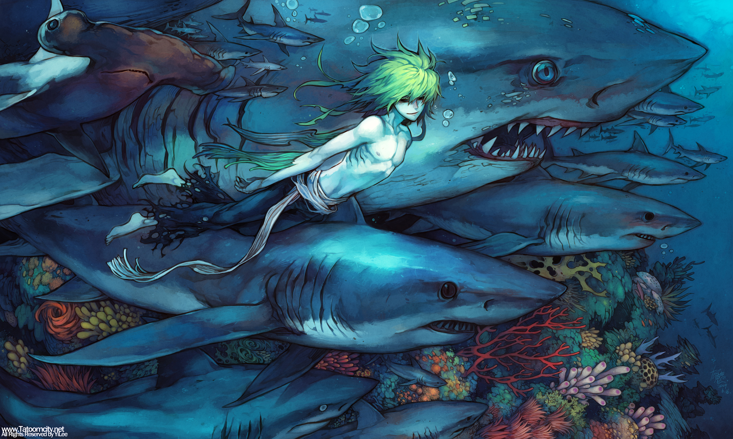 yi lee, highres, 1boy, barefoot, colored eyelashes, fish, from side, gills, great white shark, green hair, hair between eyes, hammerhead shark, male focus, nipples, shark, solo, topless male, torn clothes, underwater, watermark, web address