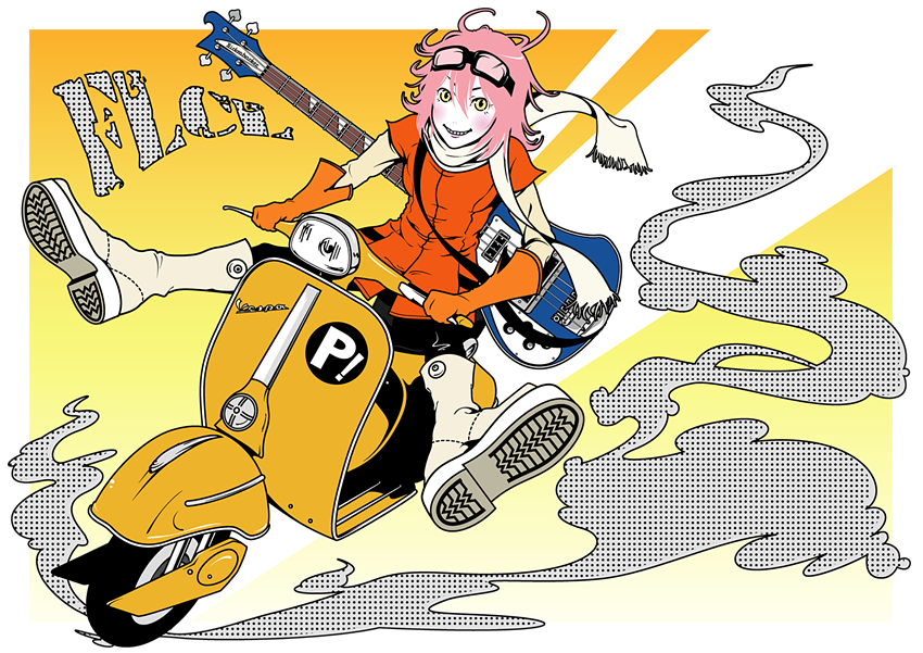kasuya nagato, haruhara haruko, flcl, vehicle, bad id, bad pixiv id, 00s, 1girl, bass guitar, female focus, guitar, instrument, motor vehicle, pink hair, rickenbacker, rickenbacker 4001, scooter, short hair, smoke, solo