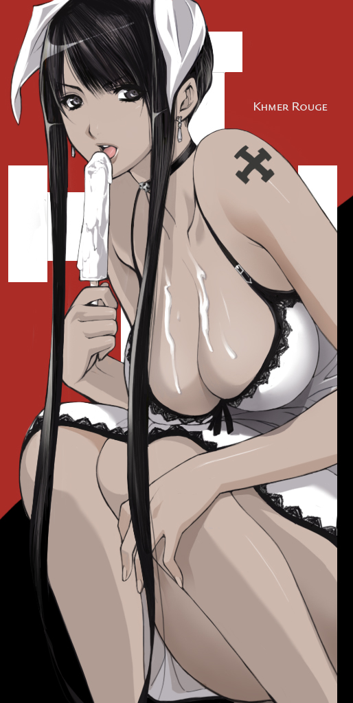 yagami akira (dream theater), bad id, bad pixiv id, 1girl, animal ears, black eyes, black hair, breasts, cleavage, dark-skinned female, dark skin, female focus, food, large breasts, legs, licking, long hair, long legs, popsicle, sexually suggestive, solo