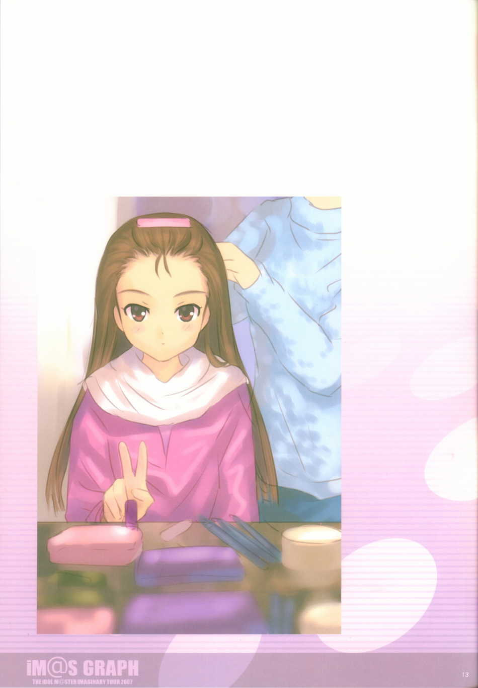 goto p, minase iori, idolmaster, idolmaster (classic), highres, 00s, brown hair, casual, mirror, solo, v