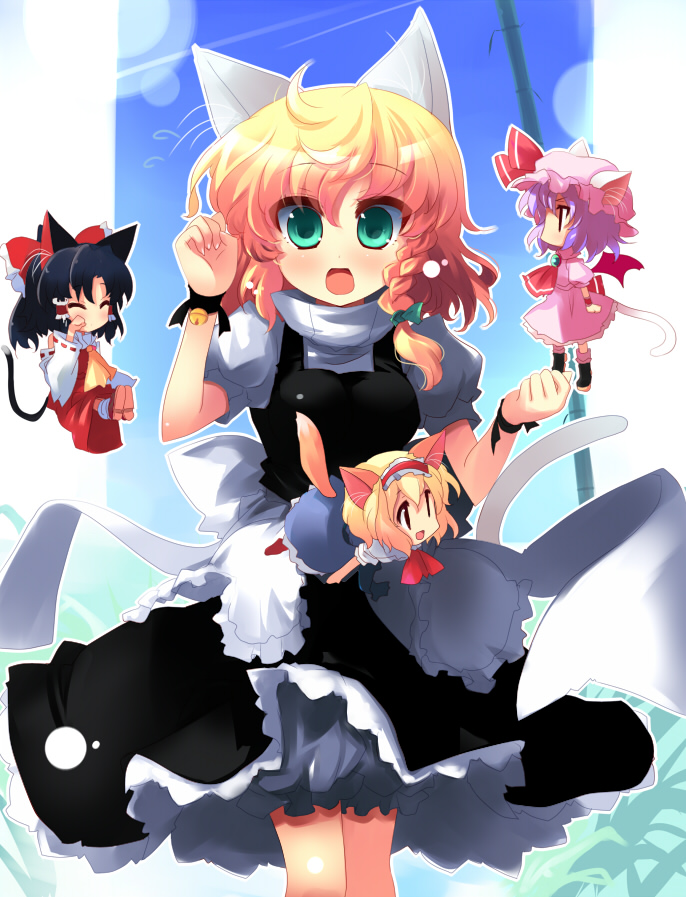 shin (new), alice margatroid, hakurei reimu, kirisame marisa, remilia scarlet, touhou, 4girls, animal ears, cat ears, cat girl, cat tail, female focus, hat, kemonomimi mode, mini person, minigirl, multiple girls, nature, outdoors, plant, sky, tail