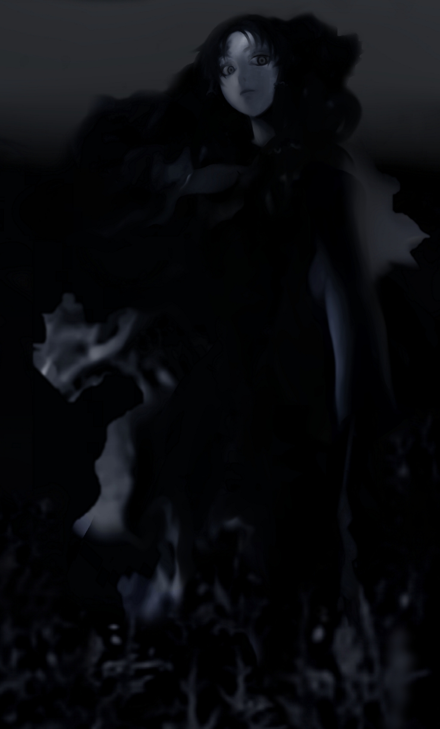 futon (kitsune tsuki), kitsune tsuki, hakurei reimu, touhou, absurdres, highres, 1girl, dark, female focus, greyscale, monochrome, solo, staring