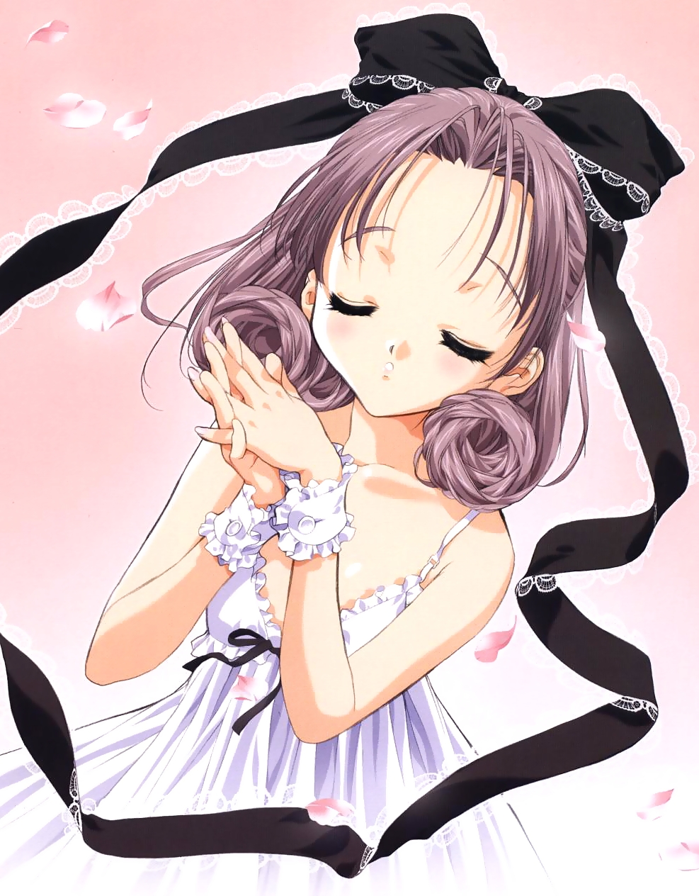 tenhiro naoto, shirayuki (sister princess), sister princess, highres, jpeg artifacts, 00s, 1girl, black ribbon, blush, closed eyes, collarbone, curly hair, dress, female focus, frilled dress, frills, gradient background, hair ribbon, lace, open mouth, own hands together, parted bangs, petals, pink background, ribbon, rose petals, sleeveless, sleeveless dress, solo, white dress, wrist cuffs