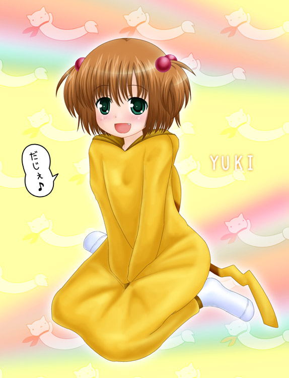 kataoka yuuki, pikachu, nintendo, pokemon, saki (manga), 1girl, blush, brown hair, cosplay, costume, crossover, fang, female focus, gen 1 pokemon, green eyes, hair bobbles, hair ornament, kigurumi, kneeling, pikachu (cosplay), short hair, short twintails, solo, speech bubble, twintails, two side up