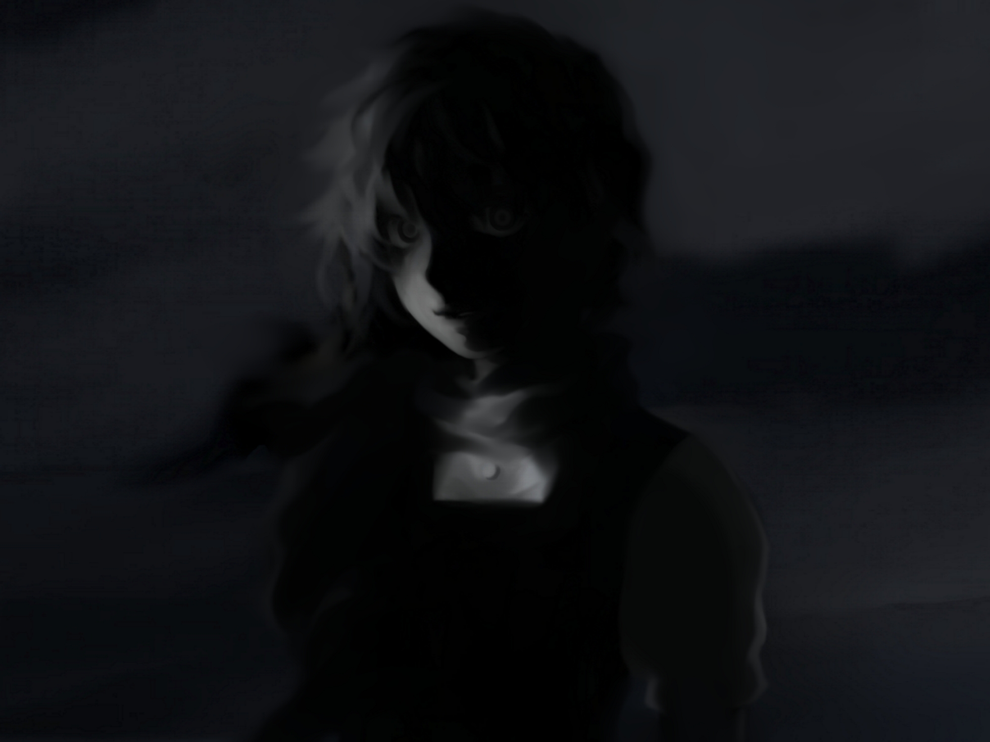 futon (kitsune tsuki), kitsune tsuki, kirisame marisa, touhou, highres, 1girl, dark, female focus, greyscale, monochrome, solo, staring