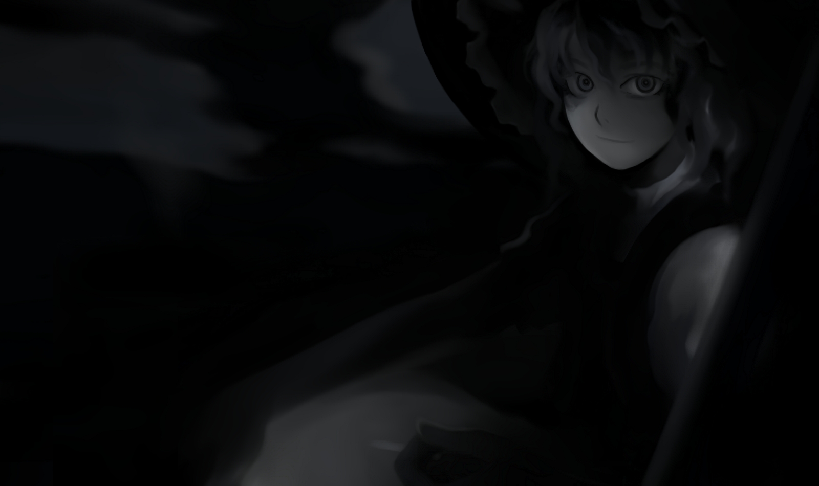 futon (kitsune tsuki), kitsune tsuki, kirisame marisa, touhou, highres, 1girl, dark, female focus, greyscale, hat, monochrome, smile, solo