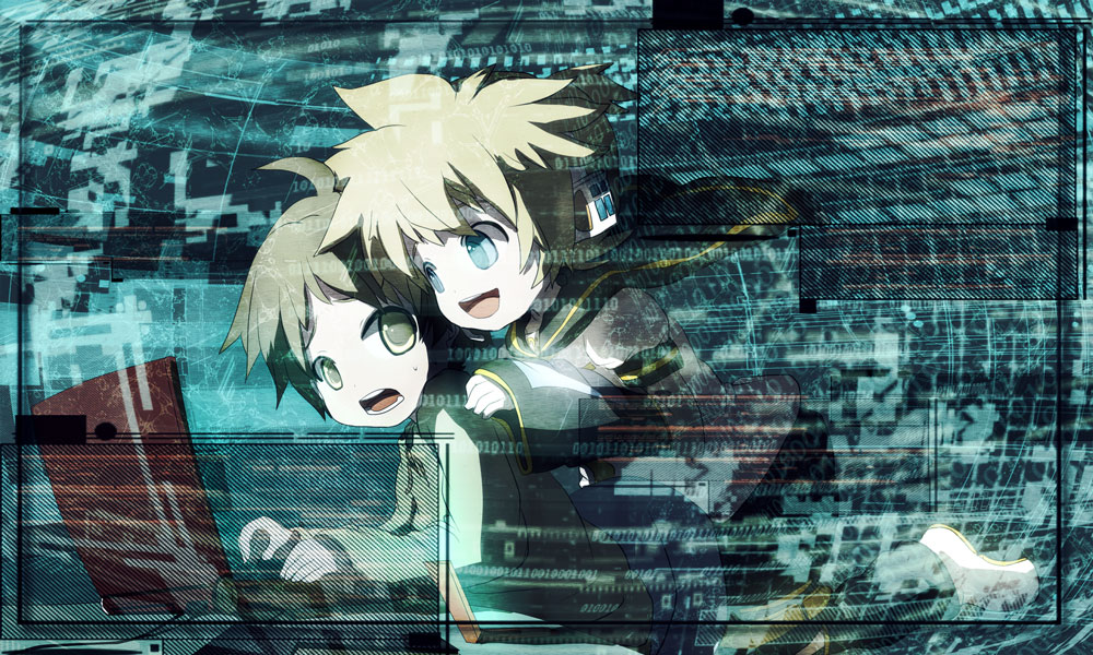 itaru, master, kagamine len, vocaloid, 2boys, ahoge, binary, blonde hair, brown eyes, brown hair, computer, headphones, male focus, multiple boys, short hair, smile, sweat