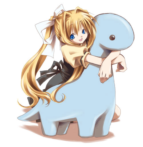 hotaru takana, misuzu, kamio misuzu, air (visual novel), 00s, blonde hair, blue eyes, dinosaur, hair ribbon, long hair, ponytail, ribbon, school uniform, solo, very long hair