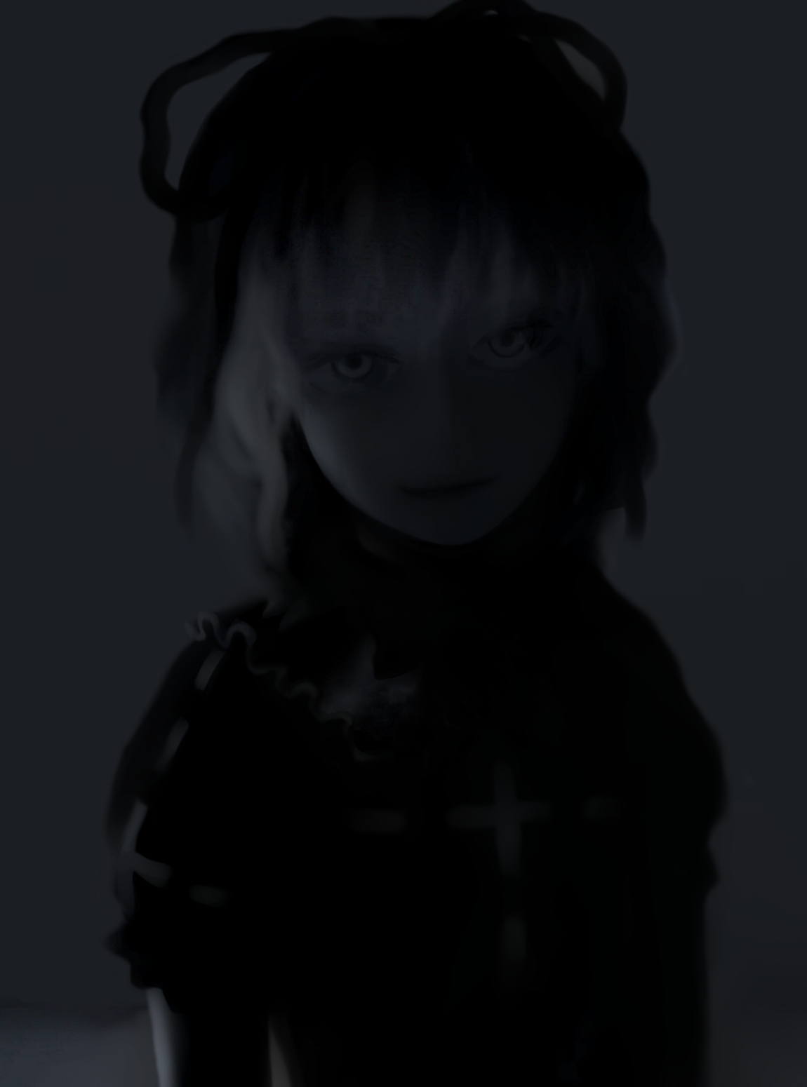 futon (kitsune tsuki), kitsune tsuki, medicine melancholy, touhou, highres, 1girl, dark, female focus, greyscale, hair ribbon, monochrome, ribbon, smirk, solo, staring