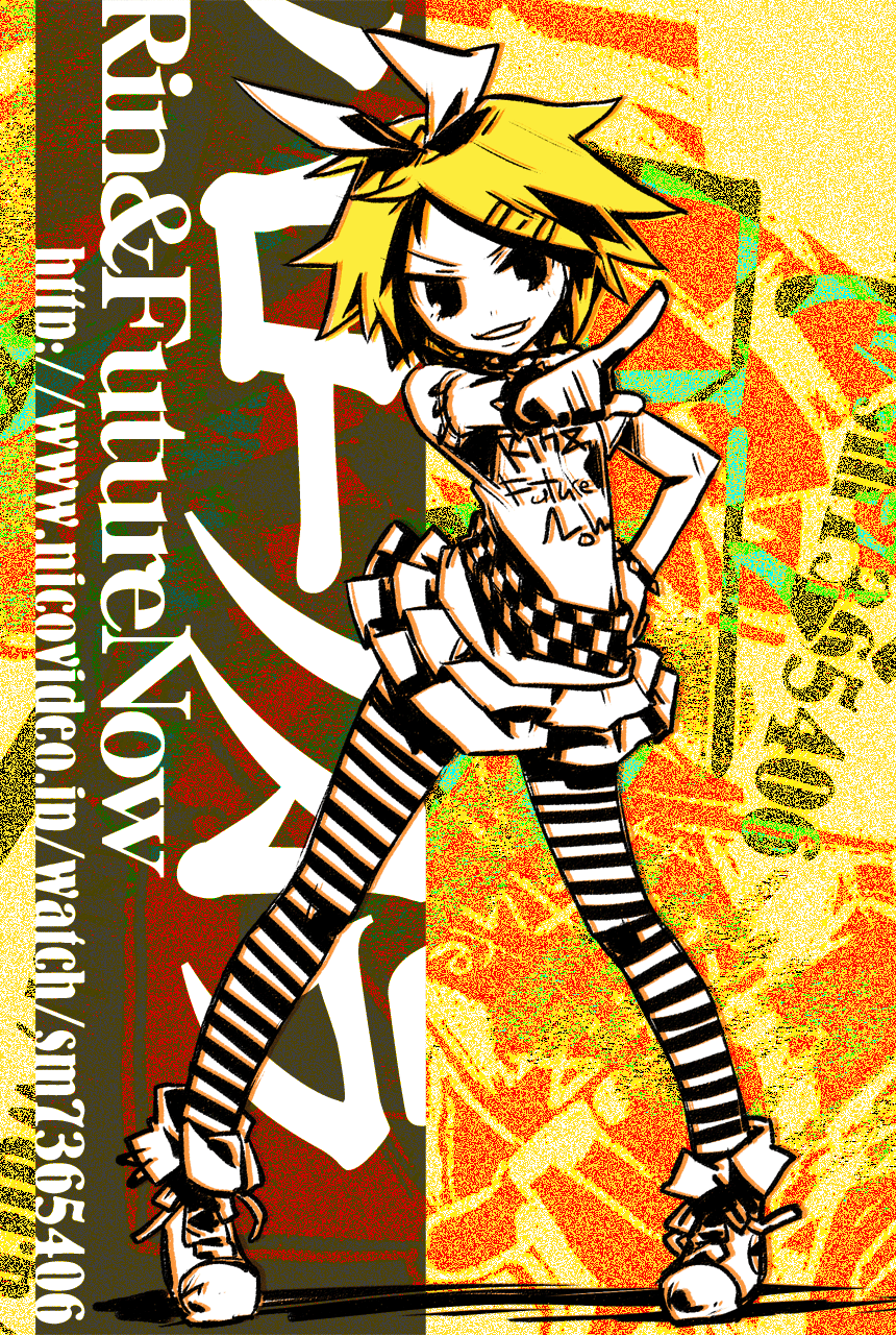 negi (ulog'be), kagamine rin, hello nostradamus (vocaloid), vocaloid, highres, black eyes, blonde hair, collar, legs, pantyhose, shoes, short hair, skirt, smile, solo, striped clothes, striped pantyhose