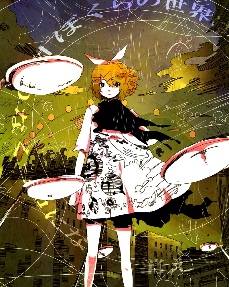 hashimochi, kagamine rin, hello nostradamus (vocaloid), vocaloid, black eyes, blonde hair, hair ornament, hair ribbon, hairclip, ribbon, short hair, solo, traffic light