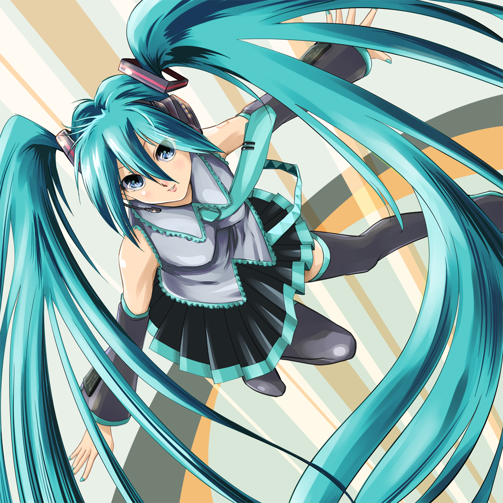 ashi ura, ashiura, hatsune miku, vocaloid, bad id, bad pixiv id, aqua hair, blue eyes, detached sleeves, headphones, headset, long hair, necktie, skirt, thighhighs, twintails, very long hair, zettai ryouiki