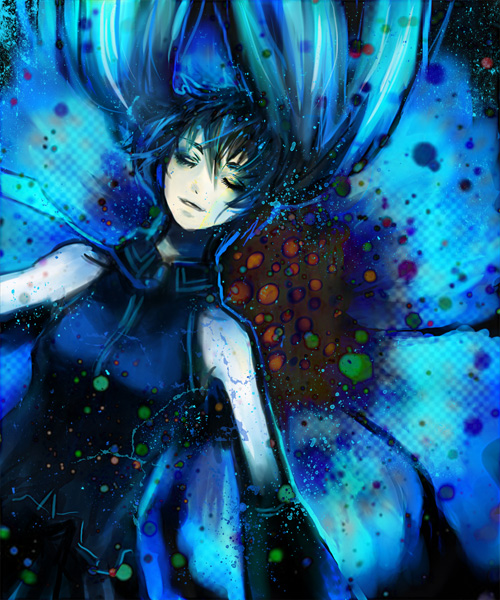 tcs, hatsune miku, vocaloid, bad id, bad pixiv id, aqua hair, closed eyes, falling, long hair, necktie, smile, solo, twintails