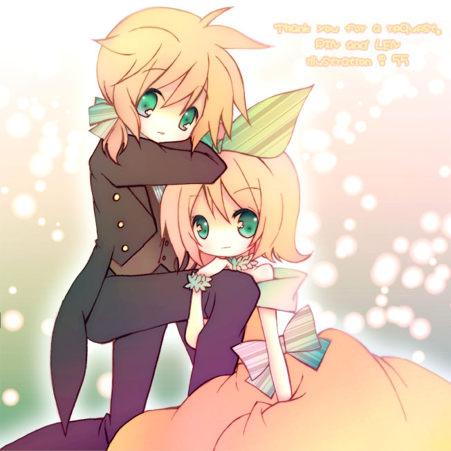 55 (pixiv), kagamine len, kagamine rin, aku no musume (vocaloid), vocaloid, bad id, bad pixiv id, 1boy, 1girl, aku no meshitsukai, blonde hair, brother and sister, dress, green eyes, hair ribbon, ribbon, short hair, siblings, twins