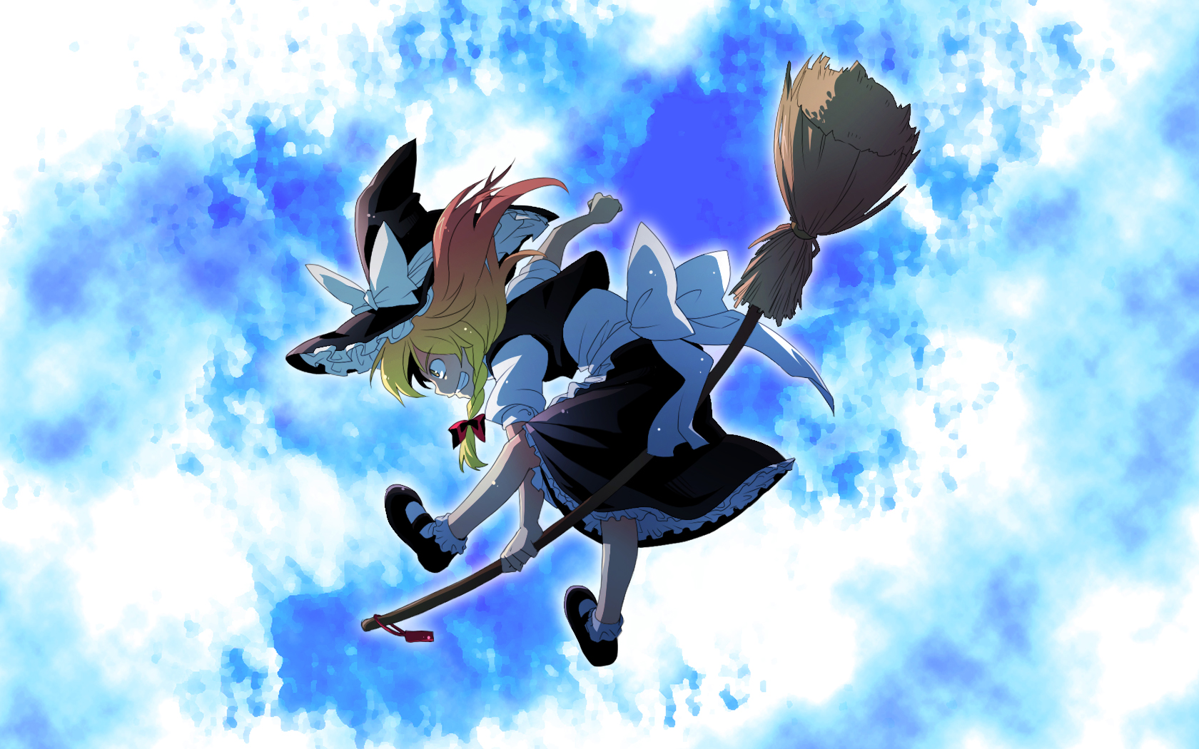 re ghotion, kirisame marisa, touhou, bad id, bad pixiv id, highres, 1girl, blonde hair, broom, broom riding, female focus, full body, hat, outdoors, ribbon, skirt, sky, solo, witch