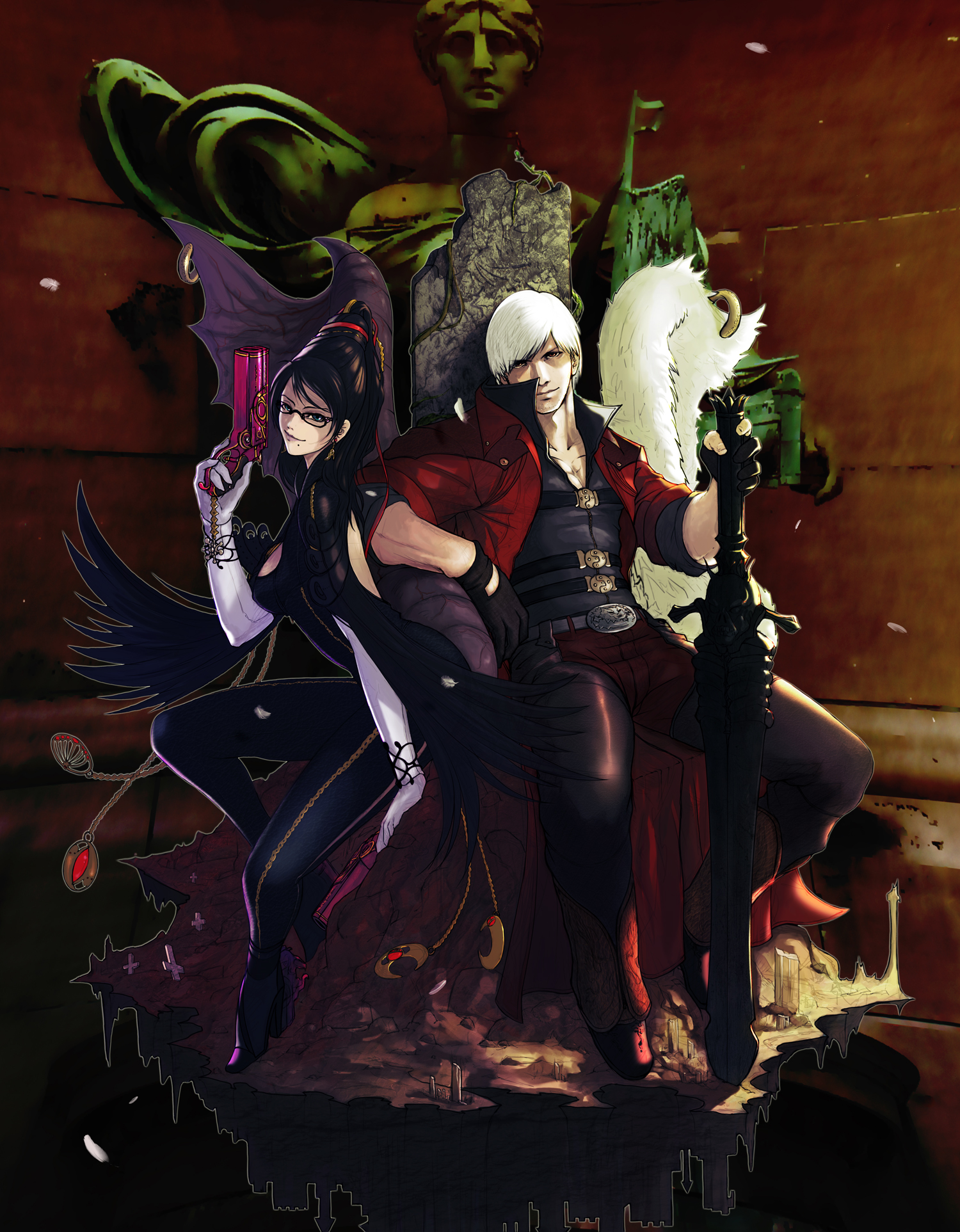 yukikaseni, bayonetta, dante (devil may cry), bayonetta (series), bayonetta 1, capcom, devil may cry (series), bad id, highres, 00s, 1boy, 1girl, beehive hairdo, black hair, bodysuit, crescent, crossover, elbow gloves, fingerless gloves, glasses, gloves, gun, mole, mole under mouth, sitting, sword, weapon, white gloves