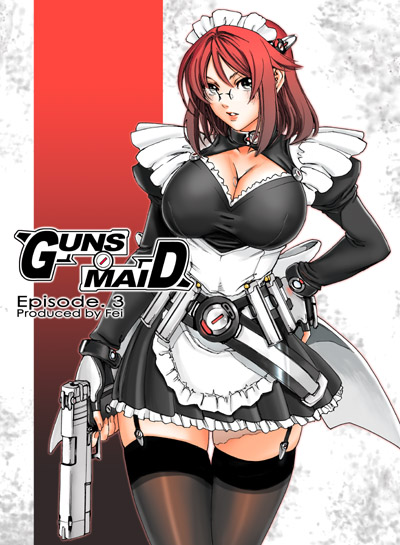 fei (maidoll), original, 1girl, combat maid, female focus, garter straps, glasses, gun, maid, red hair, short hair, solo, thighhighs, weapon