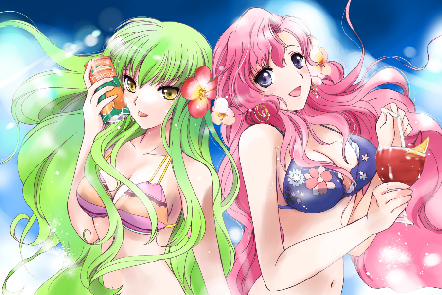 akina tsukako, c.c., euphemia li britannia, code geass, 00s, 2girls, bikini, day, drink, drinking straw, earrings, flower, food, fruit, green hair, hair flower, hair ornament, hibiscus, jewelry, long hair, multiple girls, orange (fruit), pink hair, purple eyes, sky, soda, swimsuit, tongue, yellow eyes