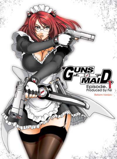 fei (maidoll), original, breasts, combat maid, dual wielding, garter straps, glasses, gun, handgun, hands on own hips, holding, large breasts, maid, pistol, red hair, semi-automatic pistol, short hair, solo, thighhighs, weapon