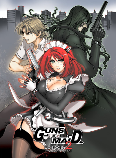 fei (maidoll), original, 1girl, 2boys, breasts, garter straps, glasses, gun, handgun, large breasts, maid, multiple boys, pistol, red hair, semi-automatic pistol, short hair, suppressor, thighhighs, trigger discipline, weapon