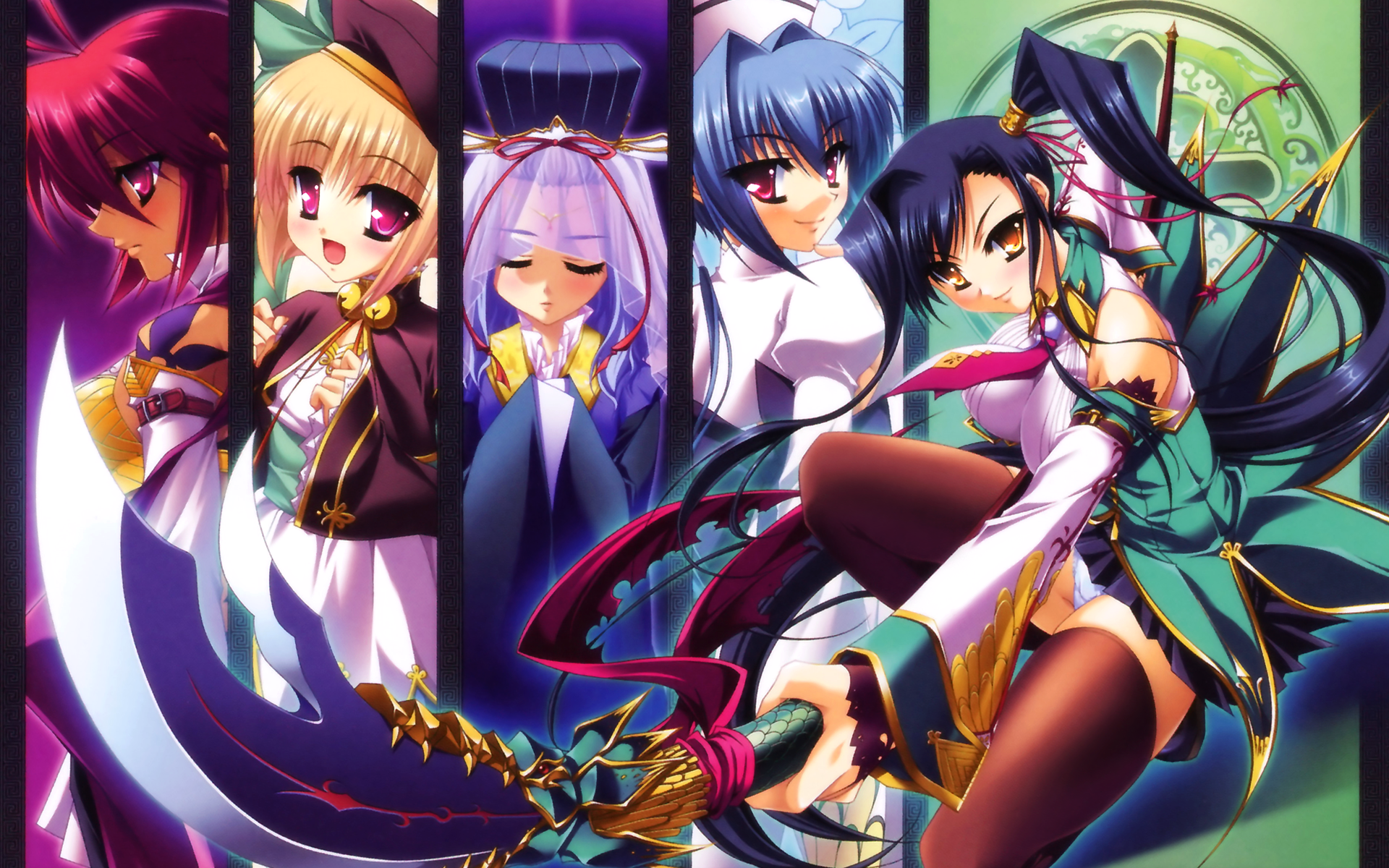 katagiri hinata, chouun (koihime musou), kan'u (koihime musou), ryofu (koihime musou), shokatsuryou (koihime musou), toutaku (koihime musou), koihime musou, highres, official art, official wallpaper, 00s, 5girls, column lineup, multiple girls, polearm, spear, weapon