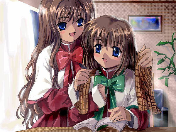 mutsuki (moonknives), misaka kaori, misaka shiori, kanon, key (company), plaid, 2girls, brown hair, long hair, multiple girls, school uniform, shawl, short hair, siblings, sisters