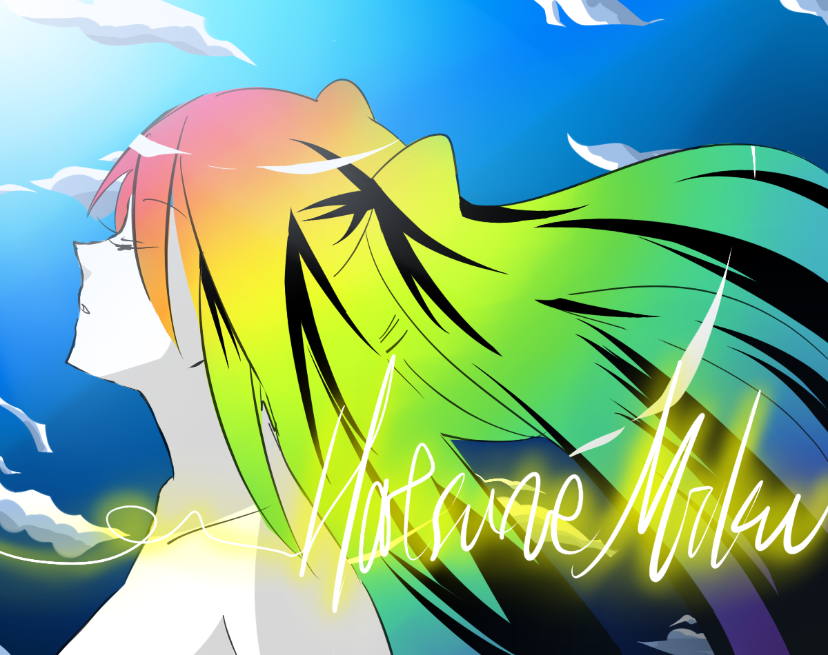 ninahachi, hatsune miku, vocaloid, bad id, bad pixiv id, aqua hair, blonde hair, blue hair, closed eyes, gradient hair, green hair, long hair, multicolored hair, orange hair, pale skin, red hair, sky, solo, twintails