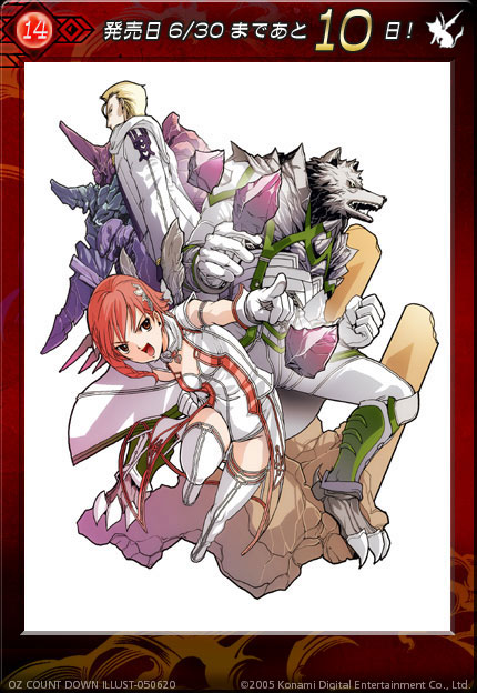 galumn, juju, vitis, over zenith, 1boy, 1girl, animal, bare shoulders, blush, bodysuit, border, cape, full body, green eyes, index finger raised, leotard, looking at viewer, pointing, red hair, sharp teeth, short hair, teeth, thighhighs, white thighhighs, wolf