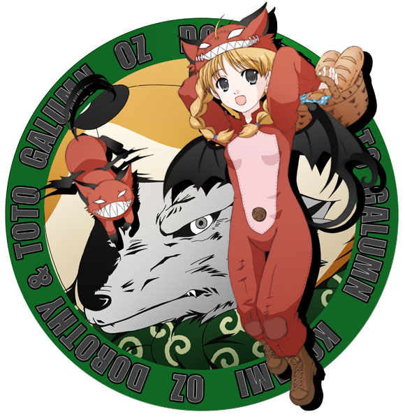 dorothy (over zenith), galumn, toto (over zenith), over zenith, 1girl, ahoge, arms up, basket, blonde hair, bodysuit, boots, braid, bread, fang, food, furry, furry female, green eyes, hat, teeth, twin braids, wings, wolf