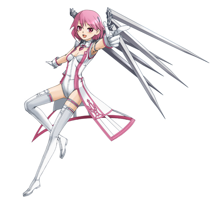 juju, over zenith, 1girl, boots, female focus, pink eyes, pink hair, solo, thighhighs, white boots, wings