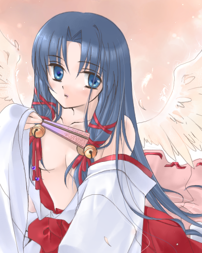 kannabi no mikoto, air (visual novel), lowres, 00s, 1girl, bell, blue eyes, blue hair, feathers, female focus, hair ribbon, hakama, hakama skirt, japanese clothes, jingle bell, long hair, matching hair/eyes, red hakama, ribbon, skirt, solo, wings