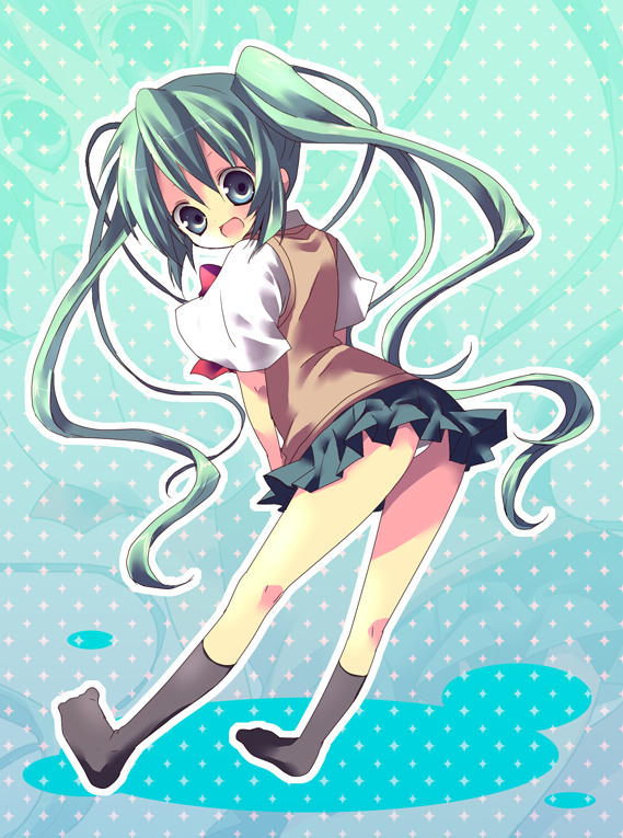 kosuzume, hatsune miku, vocaloid, bad id, bad pixiv id, aqua hair, blue eyes, long hair, panties, pantyshot, school uniform, skirt, socks, solo, twintails, underwear