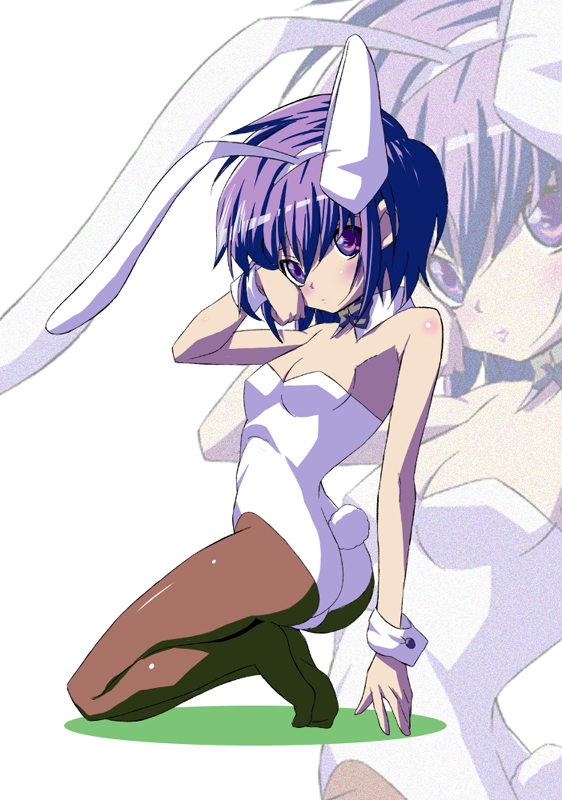 yashikoba, nagato yuki, suzumiya haruhi no yuuutsu, bad id, bad pixiv id, 00s, animal ears, fake animal ears, kneeling, looking back, pantyhose, playboy bunny, purple eyes, purple hair, rabbit ears, short hair, solo, zoom layer