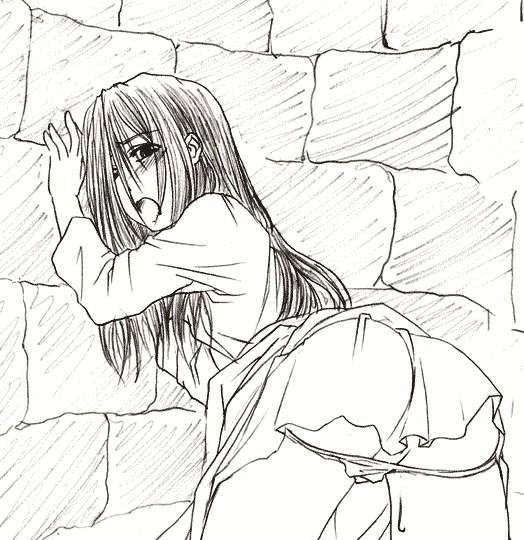 yamamura sadako, the ring, 1girl, against wall, ass, black eyes, blush, hair over one eye, long hair, monochrome, open mouth, panties, panty pull, underwear, well, you gonna get raped