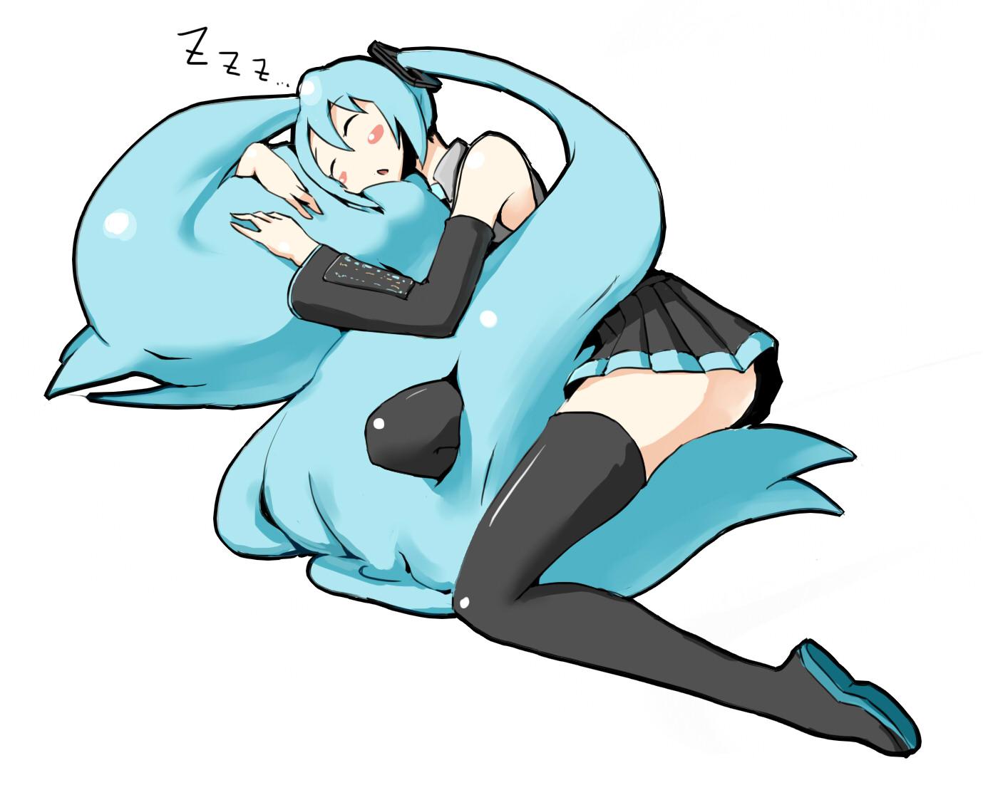 tmy, hatsune miku, vocaloid, bad id, bad pixiv id, aqua hair, closed eyes, detached sleeves, long hair, simple background, skirt, sleeping, solo, thighhighs, twintails, very long hair, zettai ryouiki