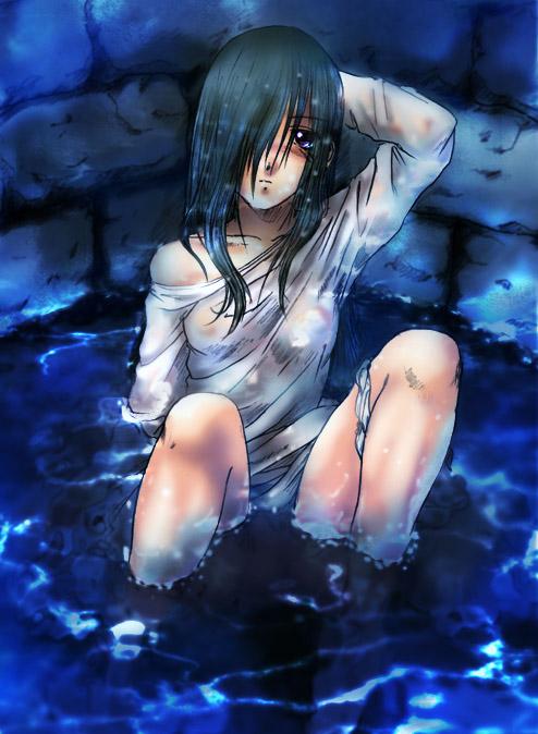 yamamura sadako, the ring, 1girl, black eyes, black hair, blush, breasts, female focus, hair over one eye, long hair, panties, panties around leg, panty pull, solo, underwear, water, well, wet