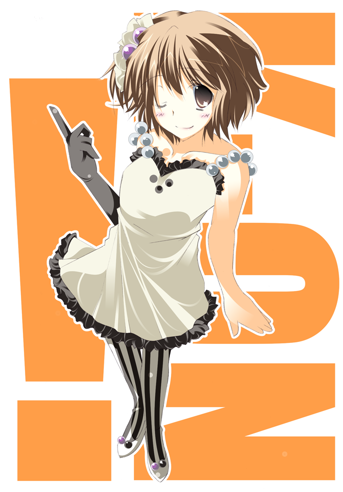 souyoku, hirasawa yui, don't say "lazy", k-on!, 00s, 1girl, brown eyes, brown hair, dress, female focus, from above, full body, gloves, one eye closed, pantyhose, short hair, solo, striped clothes, striped pantyhose, vertical-striped clothes, vertical-striped pantyhose, wink