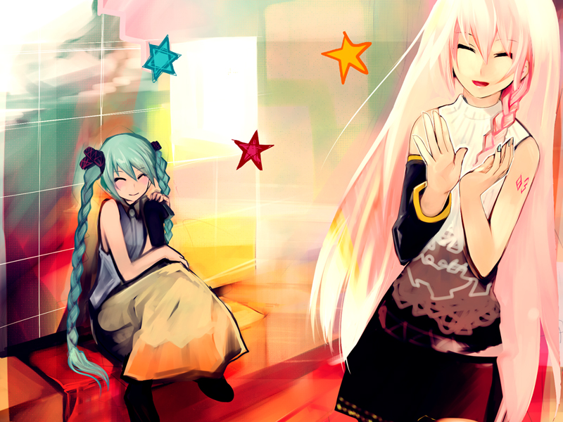 nokuromu, yajiroshi, hatsune miku, megurine luka, vocaloid, aqua hair, blush, braid, closed eyes, long hair, pink hair, sitting, smile, twintails